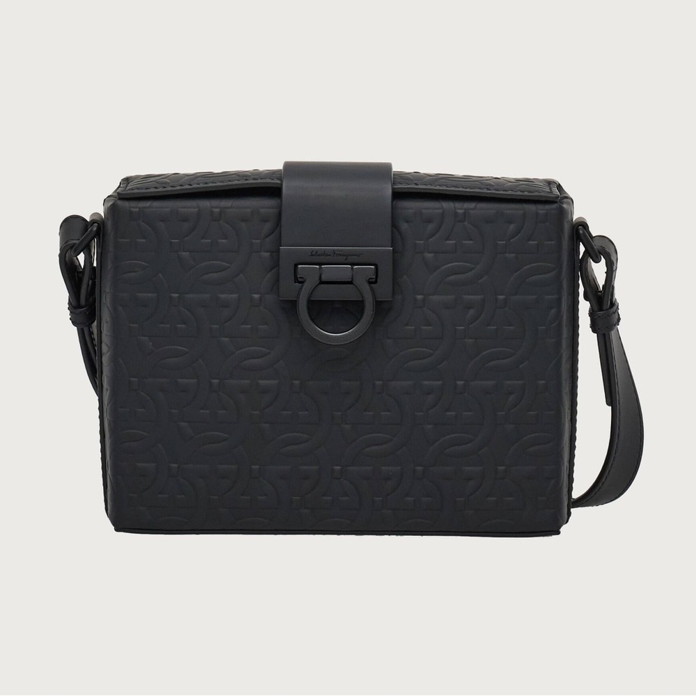 Ferragamo Black Embossed Gancini Logo Crossbody Bag